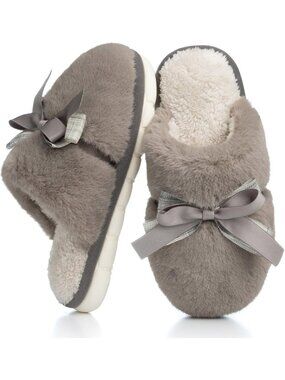 Womens Dark Grey Memory Foam Fuzzy Plush Cozy Shoes With Bow Comfortable Slipper
